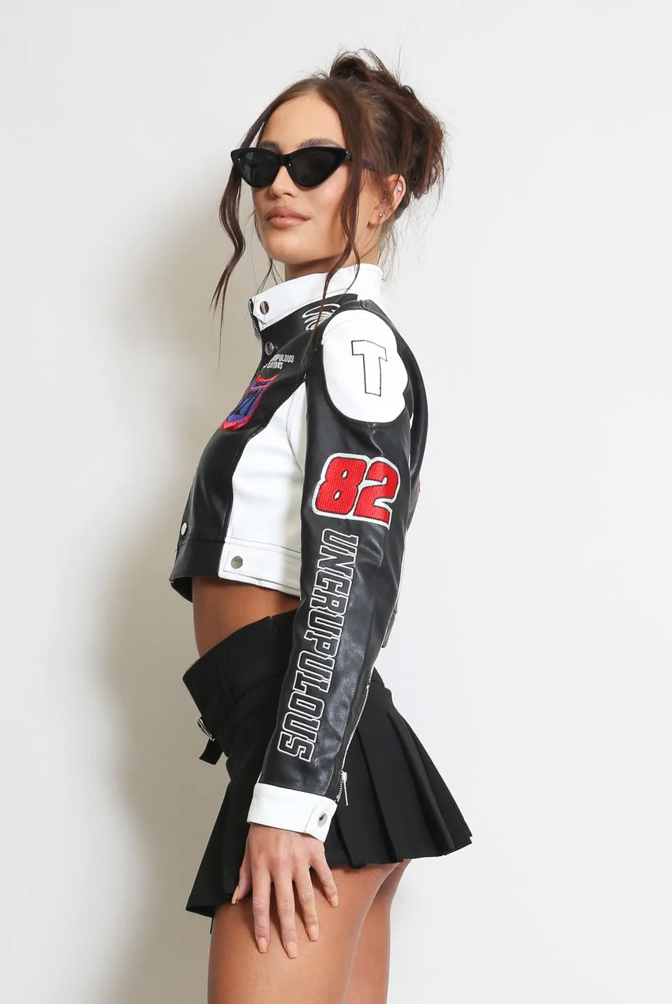 Black Faux Leather Slogan Cropped Biker Jacket - Millie sold by Storm Desire product image thumbnail 2