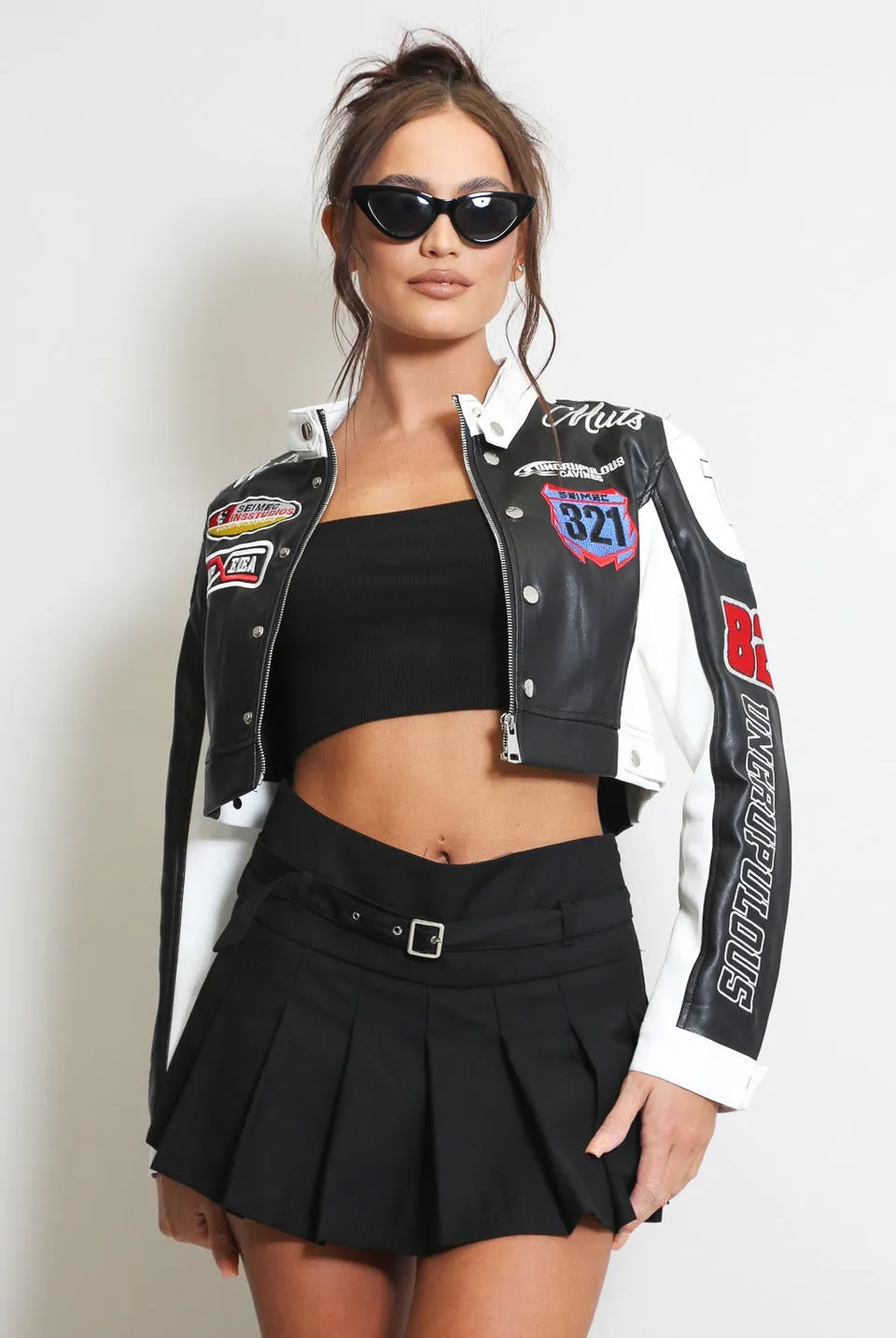 Black Faux Leather Slogan Cropped Biker Jacket - Millie sold by Storm Desire product image thumbnail 3