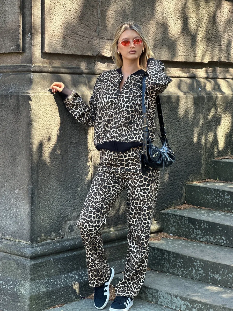 Leopard Print Bomber Style Oversize Fleece Zipper & Jogger Set - Sara sold by Storm Desire