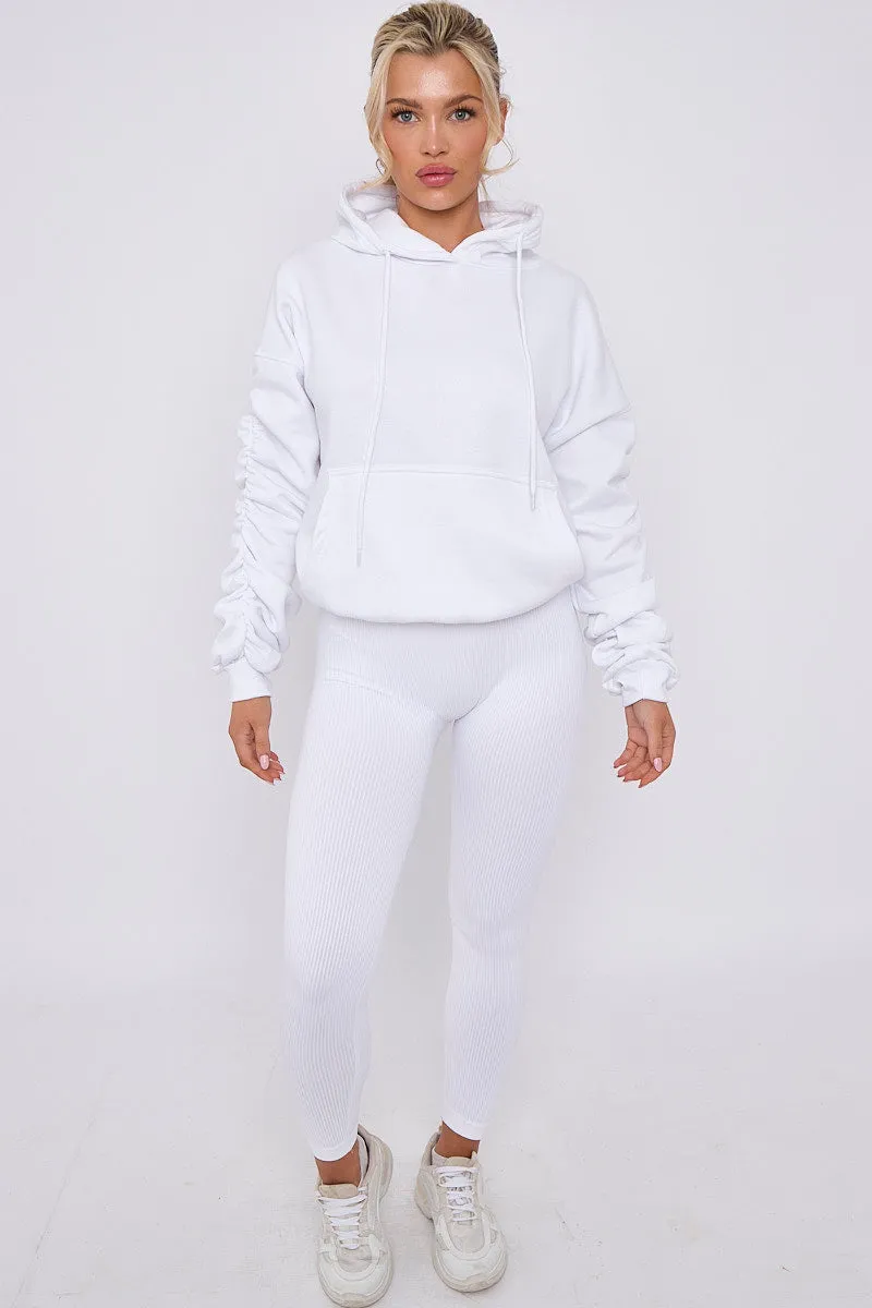 White Ribbed Leggings & Ruched Sleeve Hoodie Set - Ellie sold by Storm Desire product image thumbnail 3