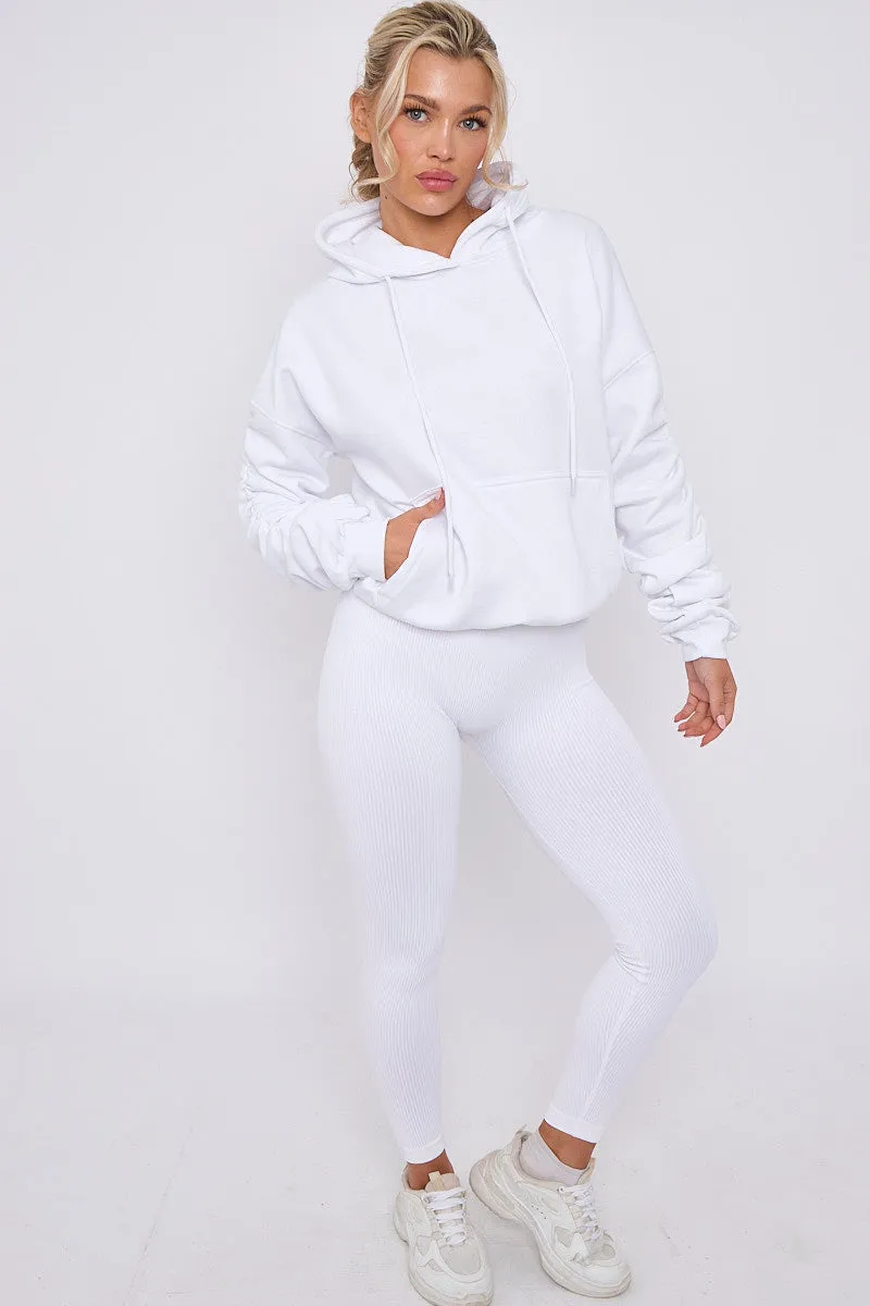 White Ribbed Leggings & Ruched Sleeve Hoodie Set - Ellie sold by Storm Desire product image thumbnail 4