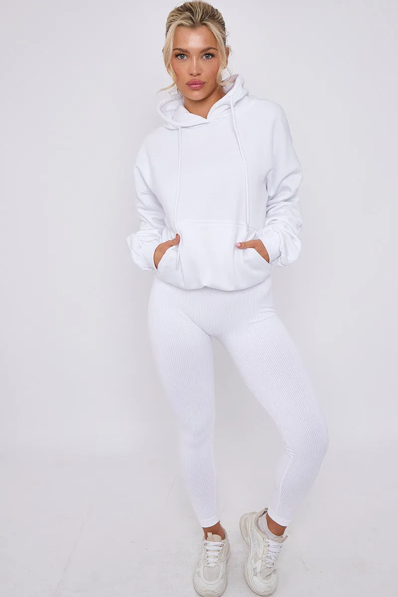 White Ribbed Leggings & Ruched Sleeve Hoodie Set - Ellie sold by Storm Desire
