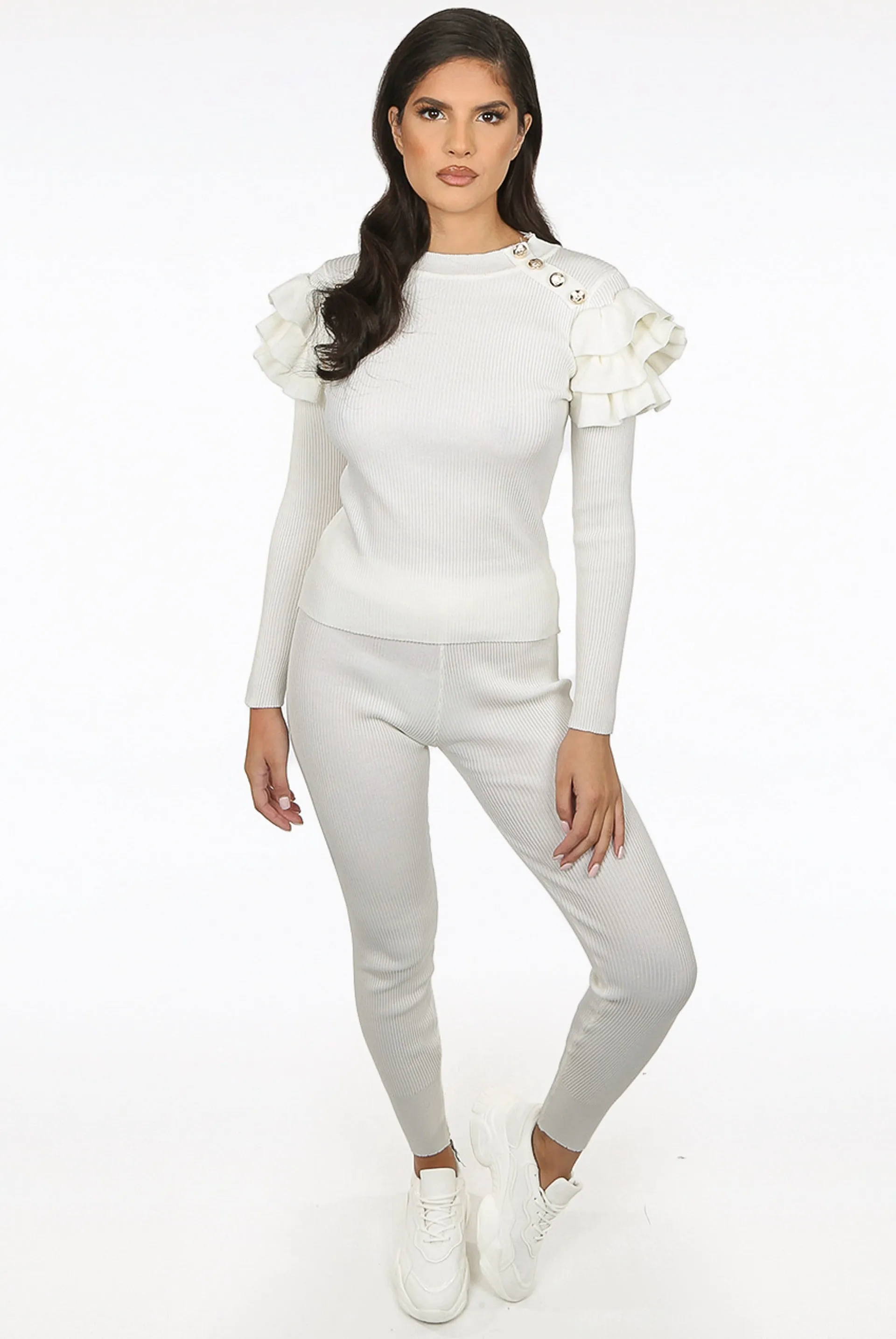 Off White Ribbed Knitted Ruffle Jumper & Legging Set - Lacey sold by Storm Desire
