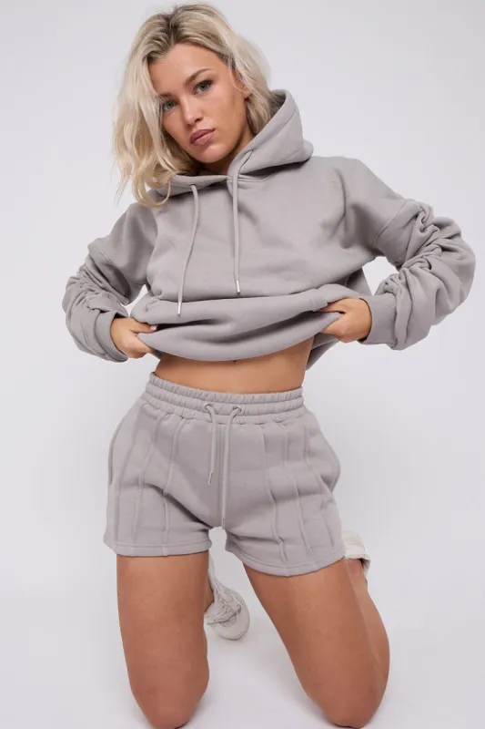 Dove Grey Ruched Sleeve Hooded Sweatshirt - Kora sold by Storm Desire