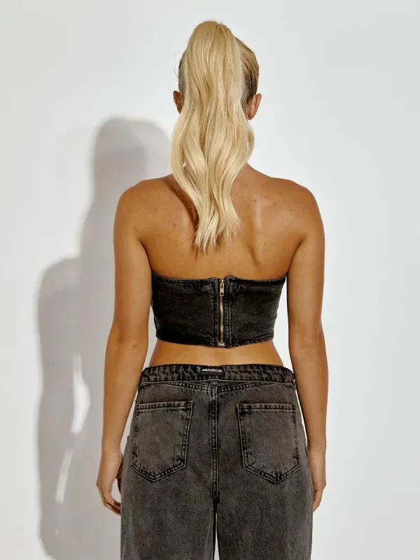 Grey Corset Style Bandeau Denim Crop Top sold by Storm Desire product image thumbnail 2