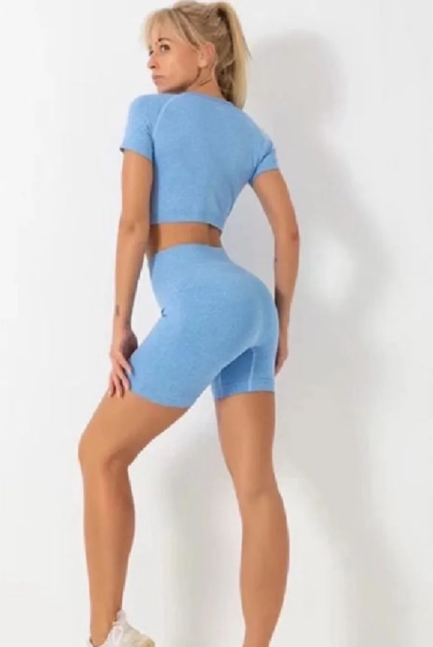 Blue Cap Sleeve Ribbed Crop Top & Cycling Shorts - Selah sold by Storm Desire product image thumbnail 2