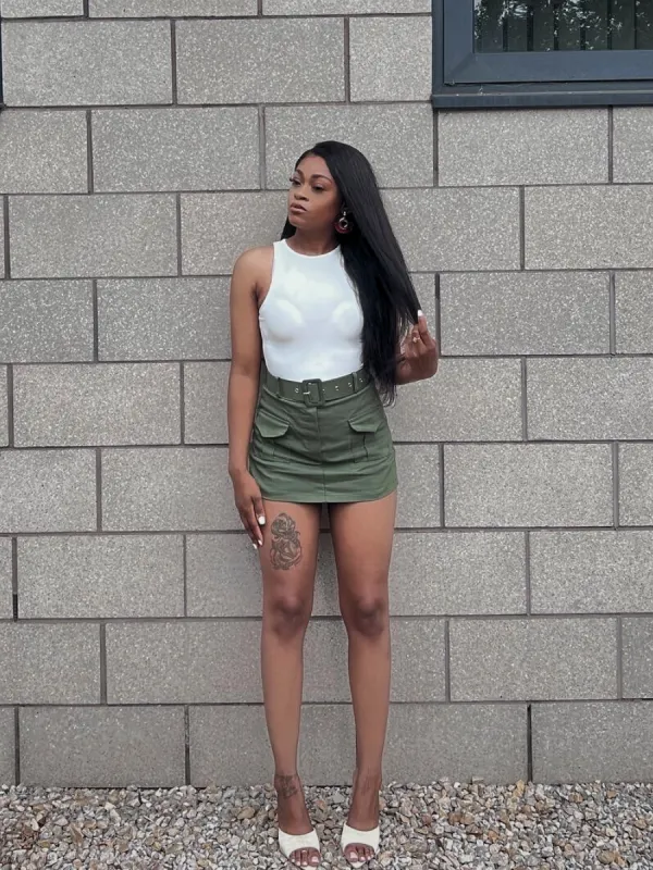 Khaki Green Cargo Belted Skort - Estrella sold by Storm Desire