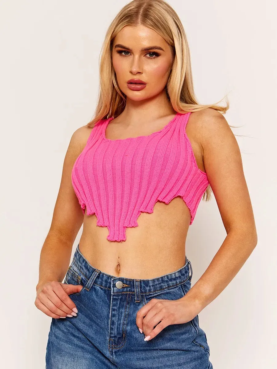 Neon Pink Asymmetric Hem Knitted Vest Crop Top - Annika sold by Storm Desire product image thumbnail 3