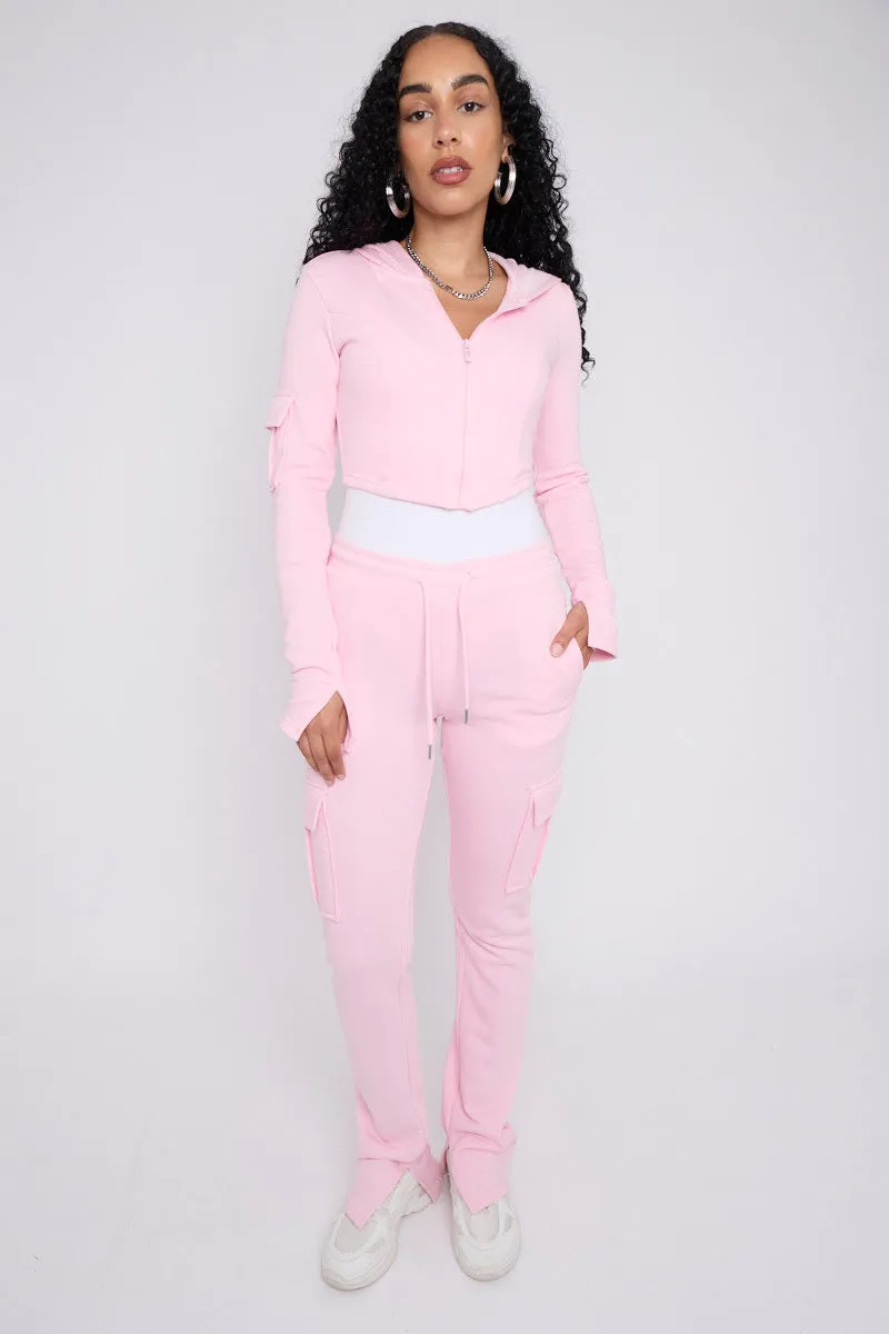 Pink Utility Pocket Crop Zip Top & Flare Jogger Set - Isabel sold by Storm Desire