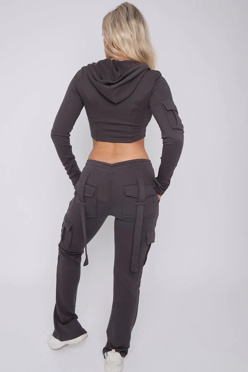 Charcoal Grey Utility Pocket Crop Zip Top & Flare Jogger Set - Isabel sold by Storm Desire product image thumbnail 3