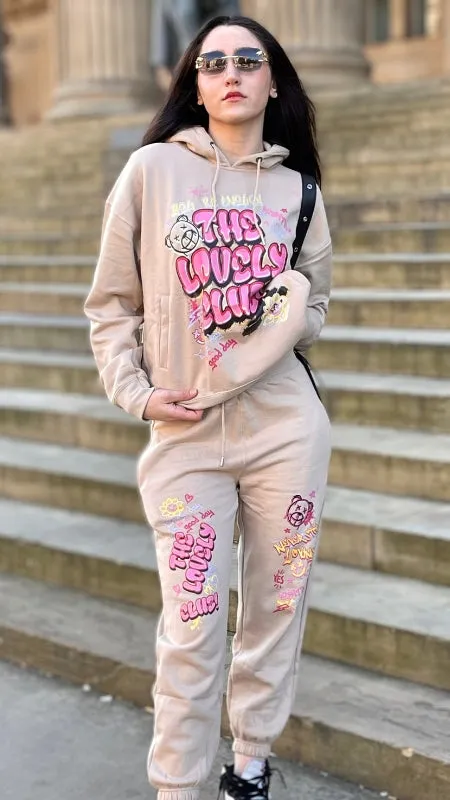 Beige Lovely Club Slogan Fleece Loungewear Set - Jianna sold by Storm Desire product image thumbnail 2
