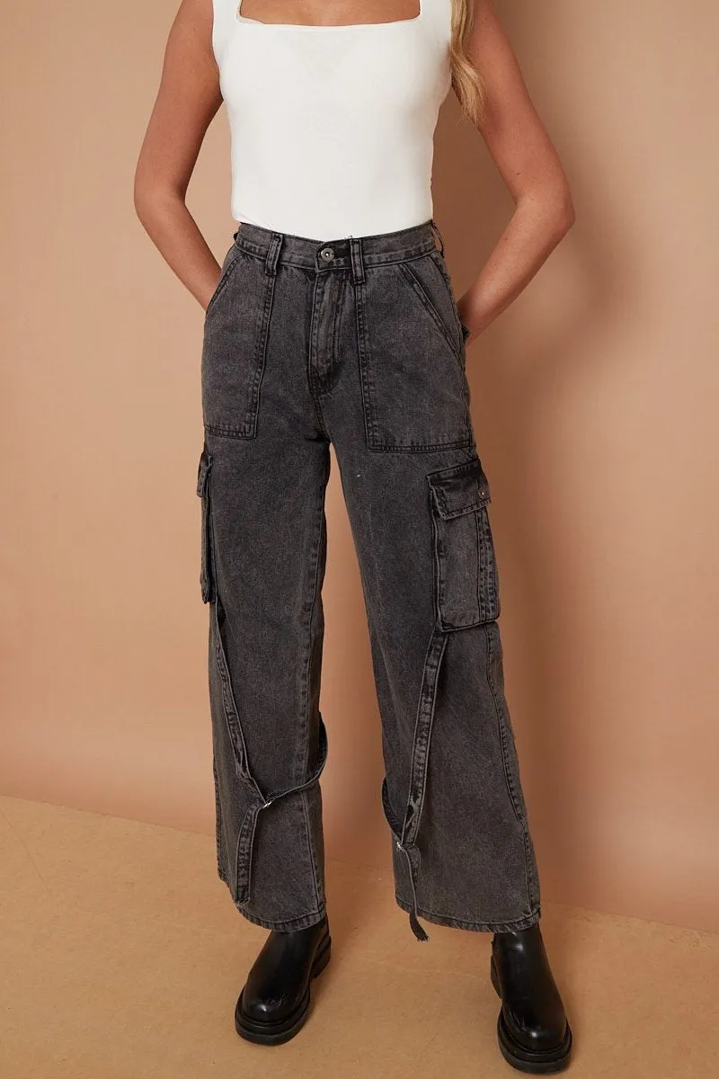 Grey High Waist Wide Leg Cargo Jeans - Alice sold by Storm Desire product image thumbnail 4