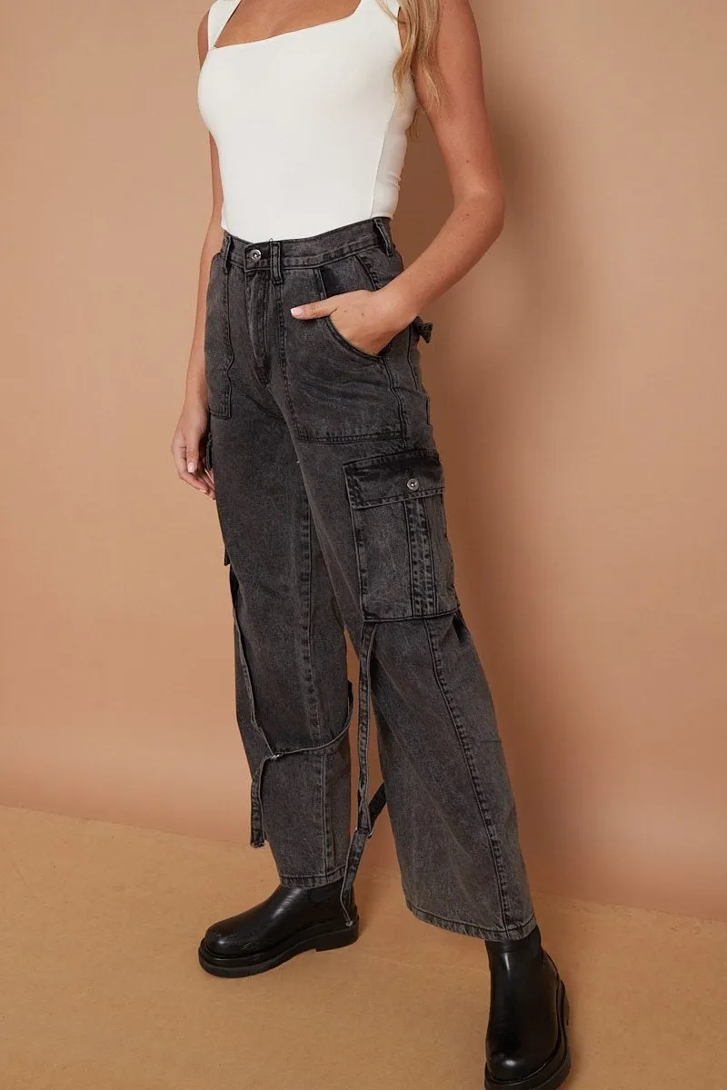 Grey High Waist Wide Leg Cargo Jeans - Alice sold by Storm Desire product image thumbnail 3