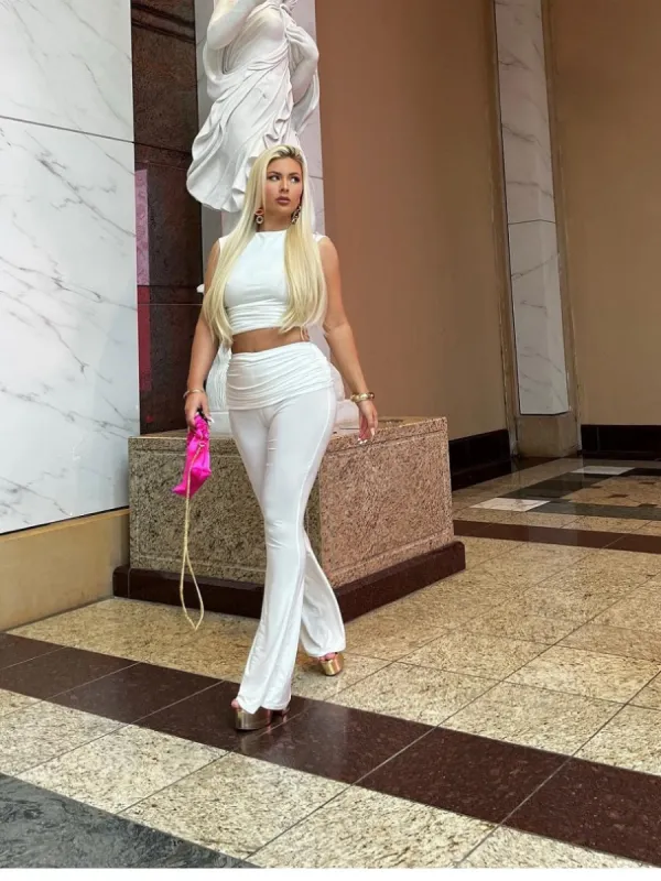 Off White Ruched Crop Top & Fold Over Flared Trouser Co-ord - Juliette sold by Storm Desire