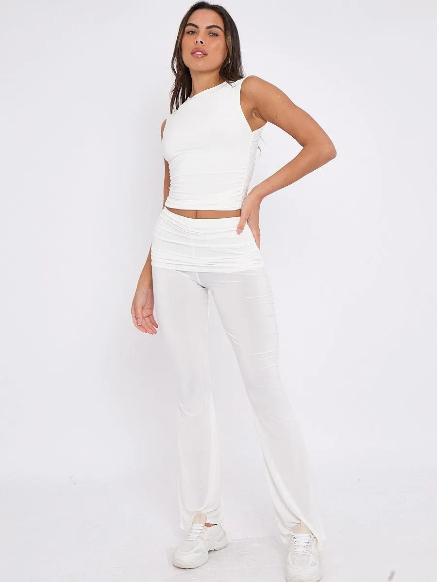 Off White Ruched Crop Top & Fold Over Flared Trouser Co-ord - Juliette sold by Storm Desire product image thumbnail 2