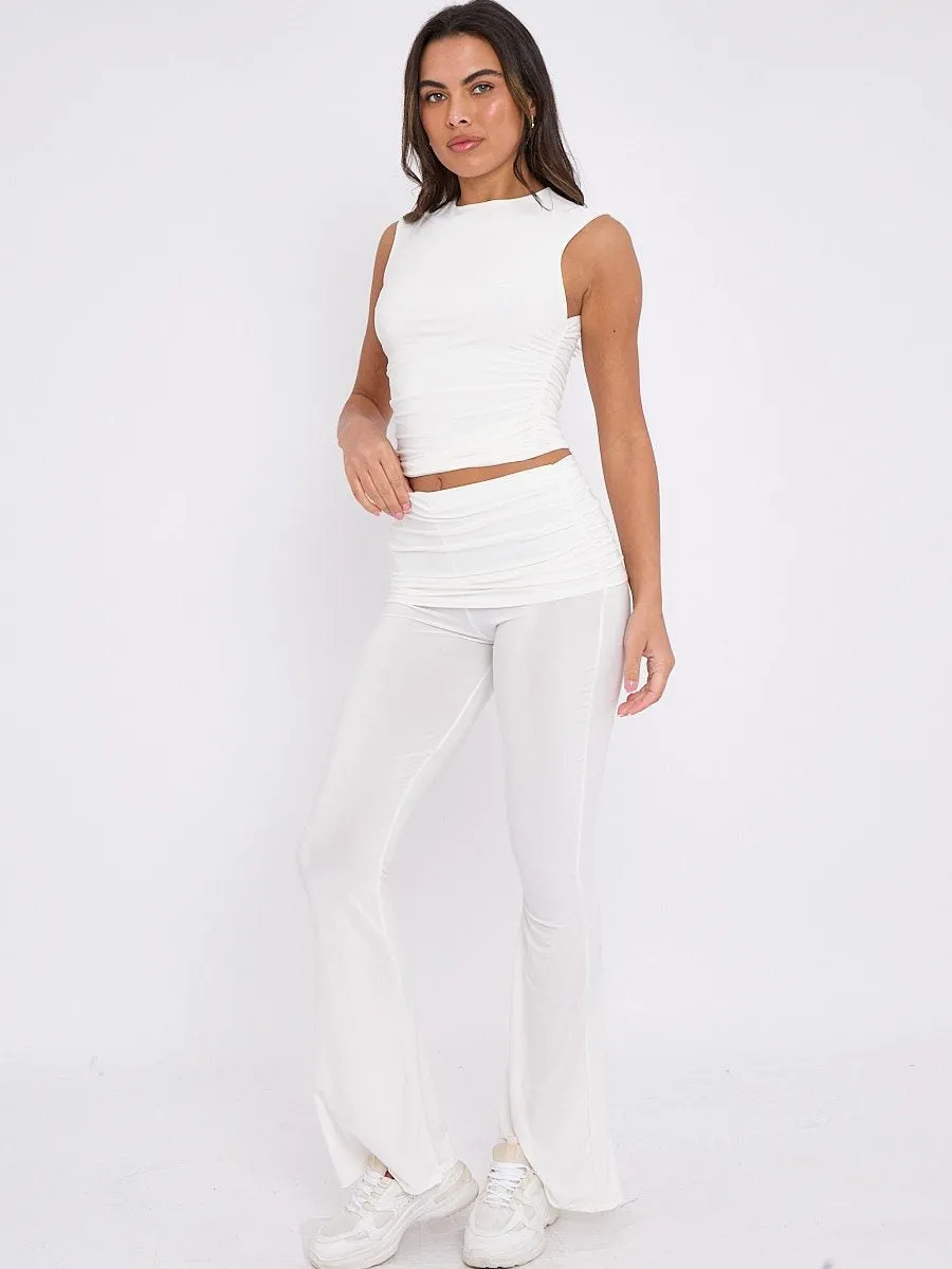 Off White Ruched Crop Top & Fold Over Flared Trouser Co-ord - Juliette sold by Storm Desire product image thumbnail 5