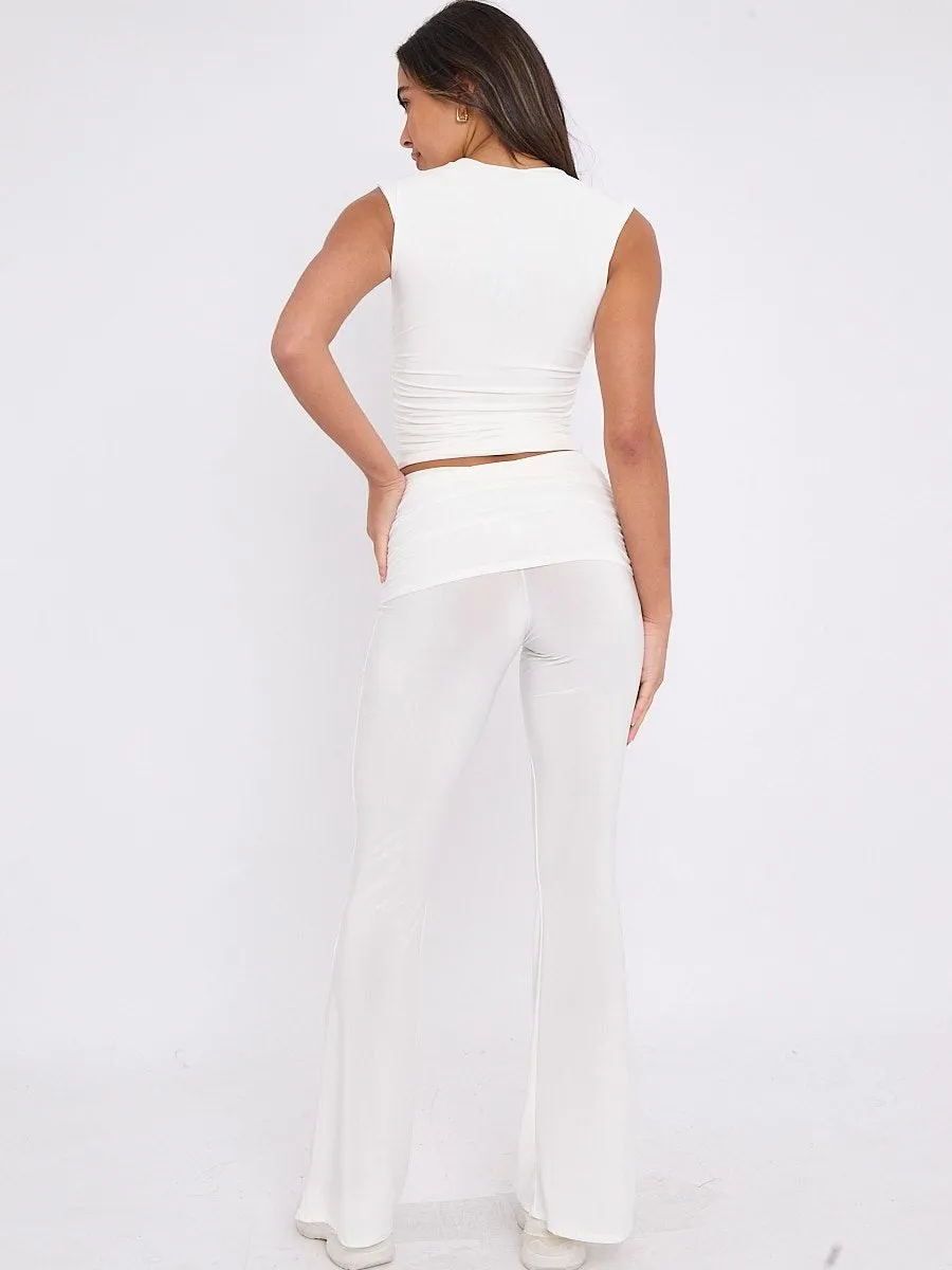 Off White Ruched Crop Top & Fold Over Flared Trouser Co-ord - Juliette sold by Storm Desire product image thumbnail 4