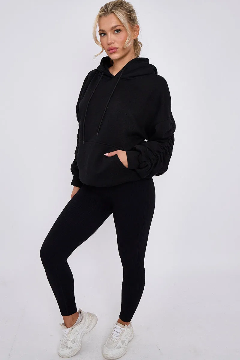 Black Ribbed Leggings & Ruched Sleeve Hoodie Set - Ellie sold by Storm Desire product image thumbnail 2