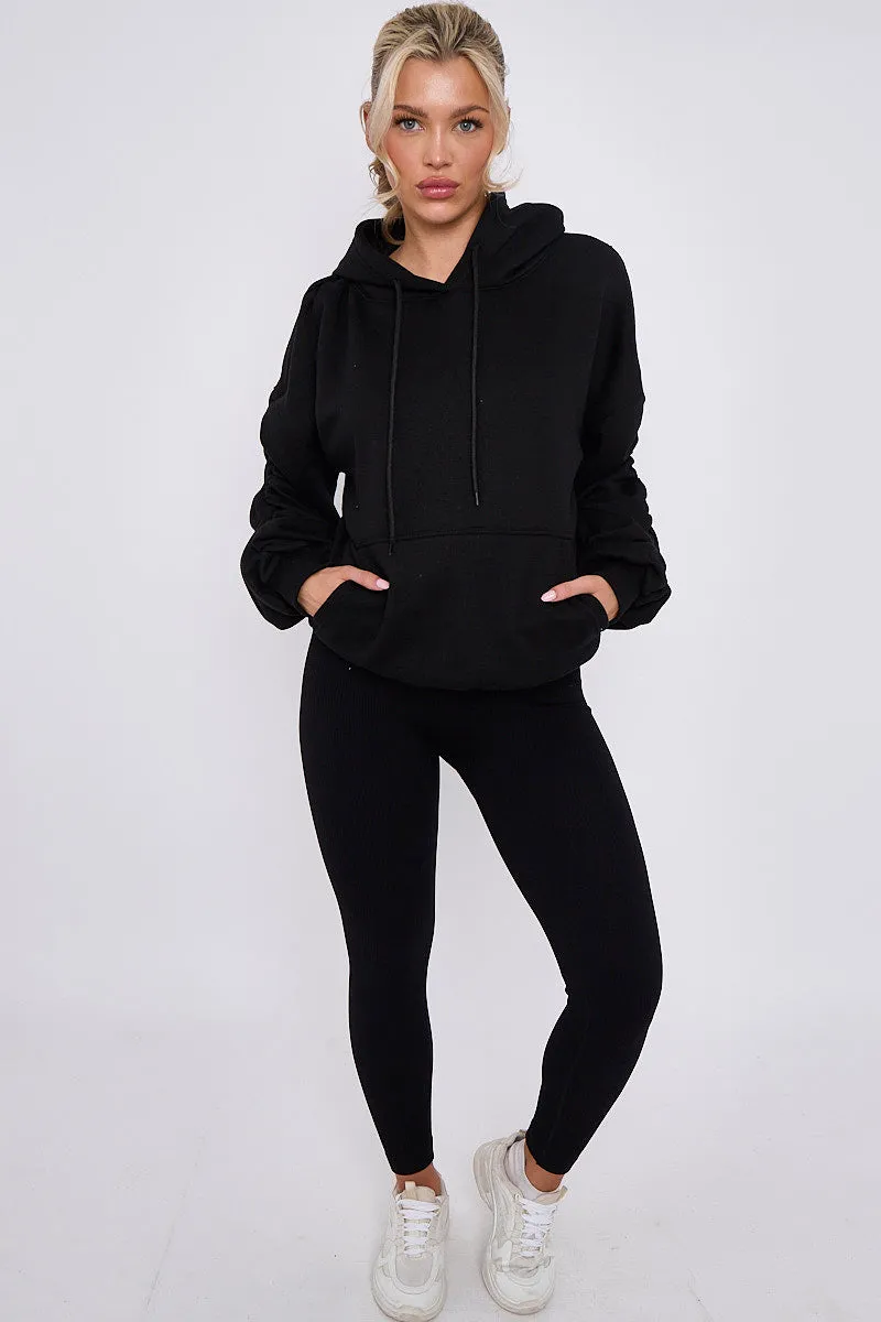 Black Ribbed Leggings & Ruched Sleeve Hoodie Set - Ellie sold by Storm Desire