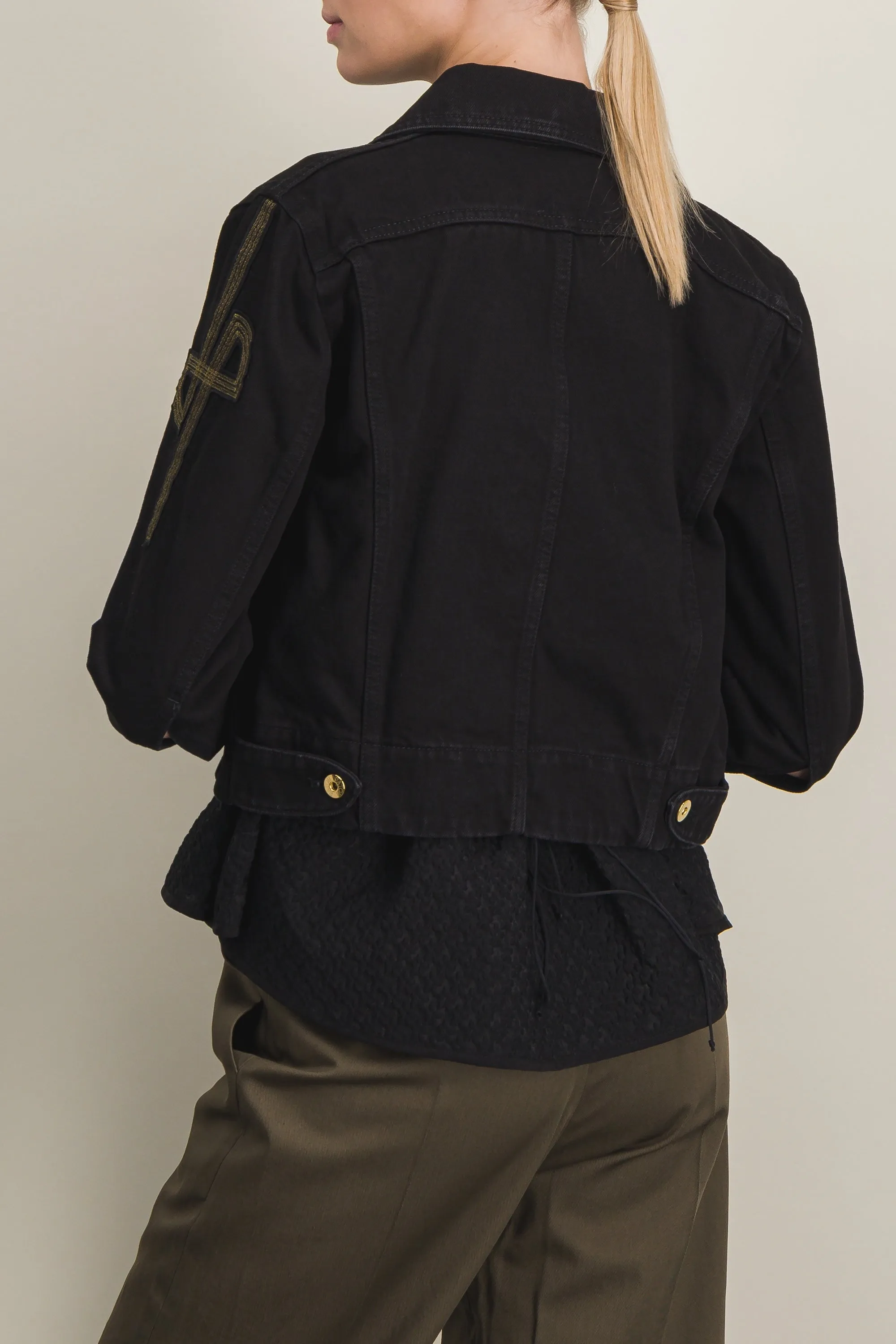JP logo embroidered organic black denim jacket sold by Renaisa product image thumbnail 3