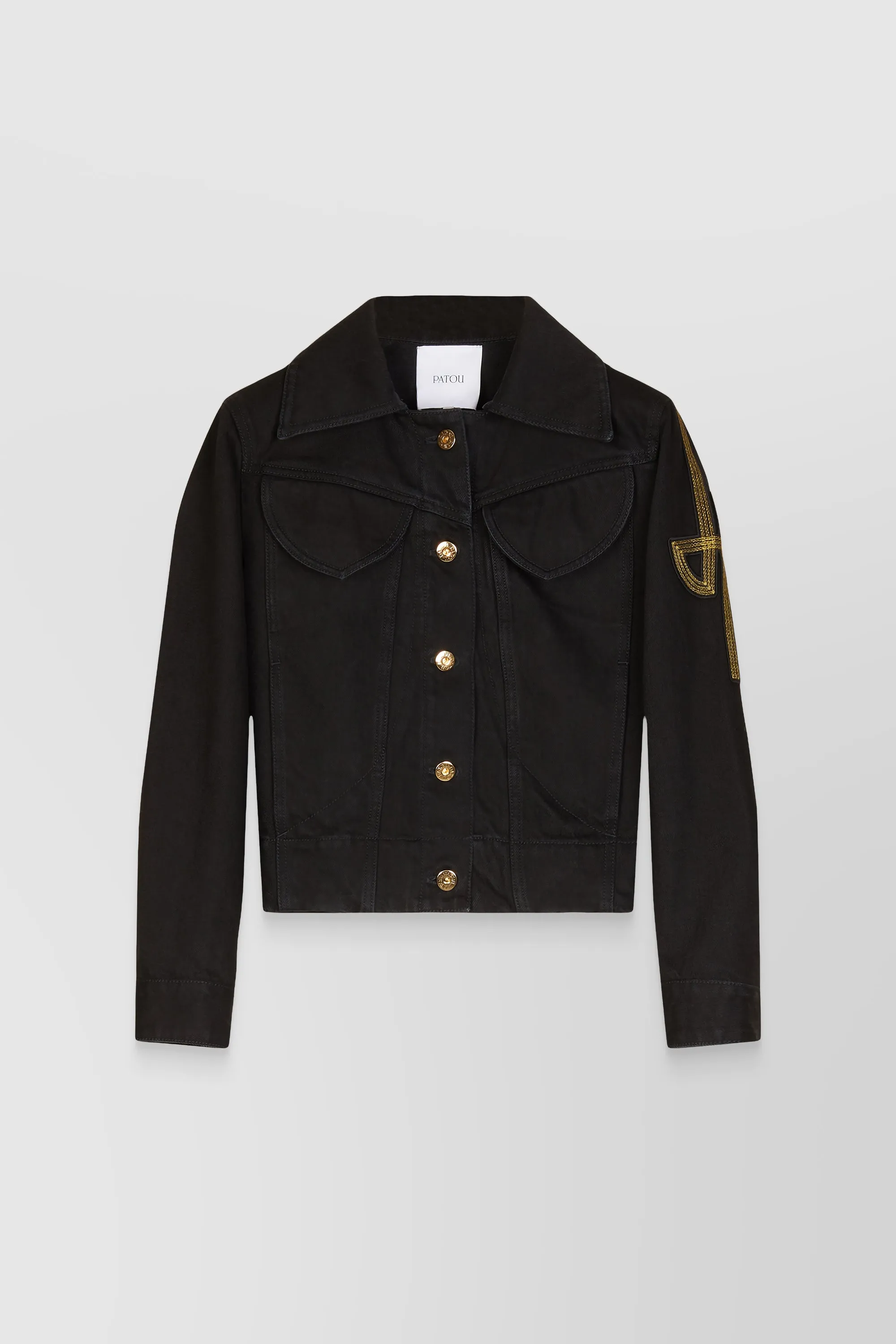 JP logo embroidered organic black denim jacket sold by Renaisa product image thumbnail 4