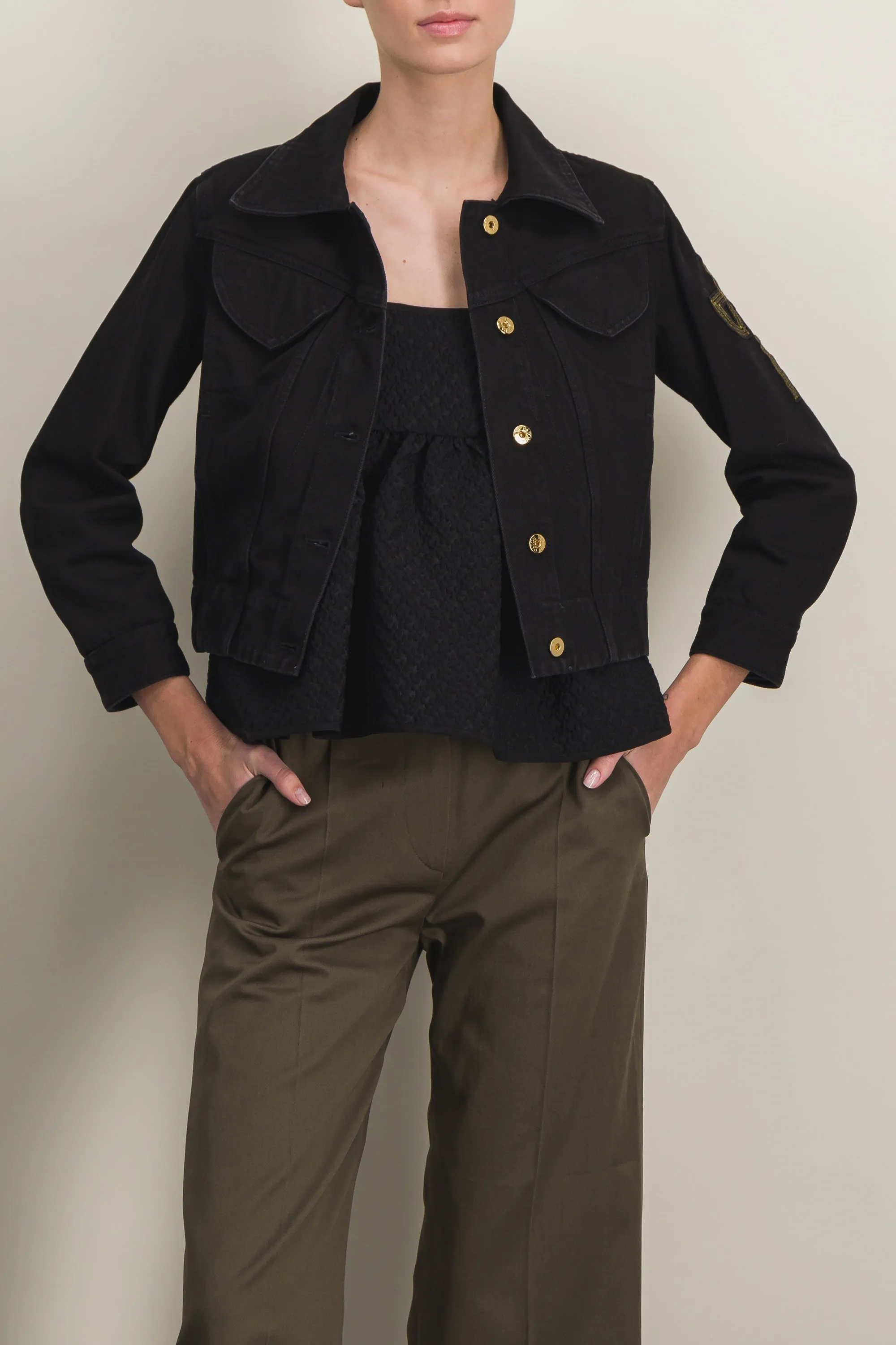 JP logo embroidered organic black denim jacket sold by Renaisa