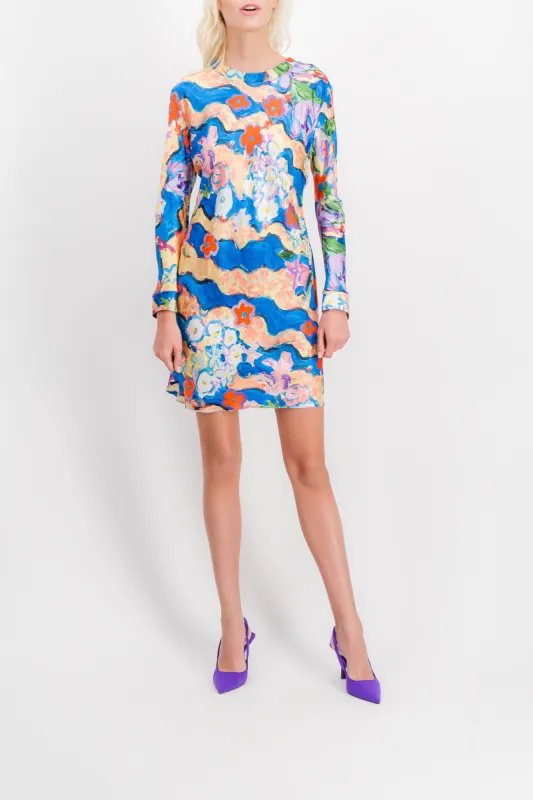 Shiny flower printed mini dress sold by Renaisa