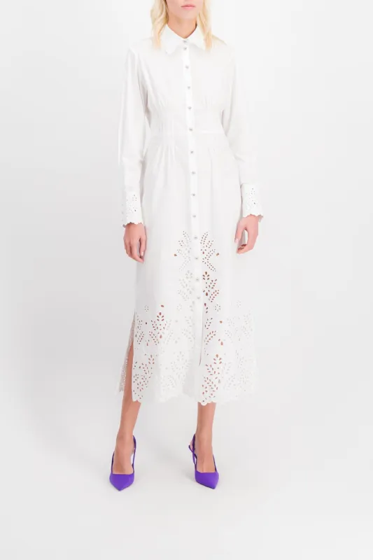 White maxi shirt dress with broderie anglaise sold by Renaisa