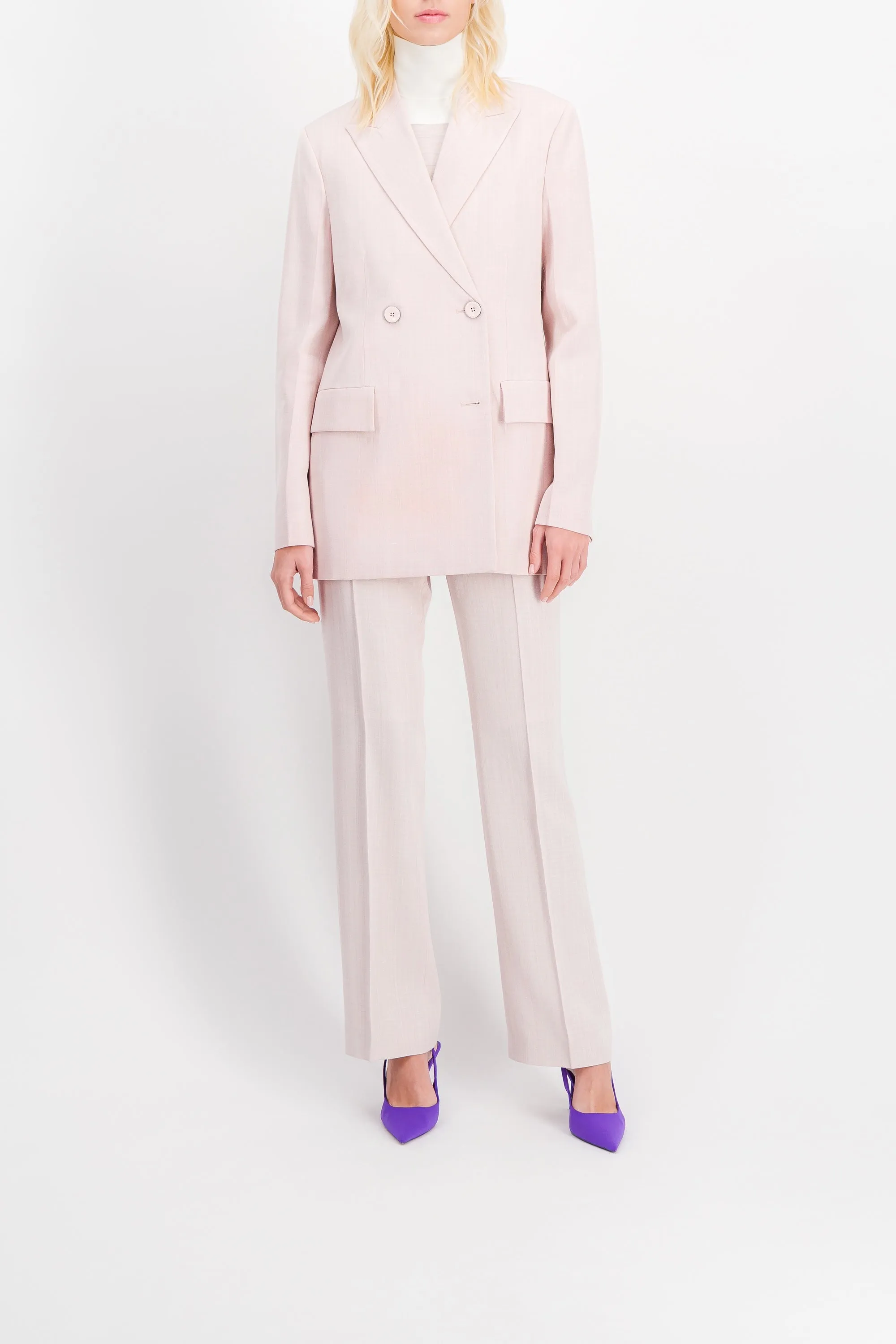 Double breasted fluid silk and viscose tailoring jacket sold by Renaisa