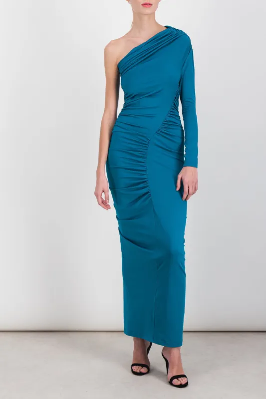 One shoulder draped recycled jersey maxi dress sold by Renaisa
