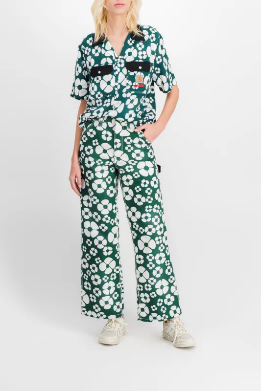 Flower printed green short sleeved boyfriend shirt made by Marni