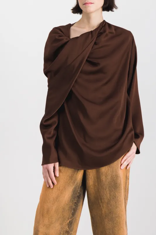 Asymmetric draped crêpe satin long sleeved top sold by Renaisa
