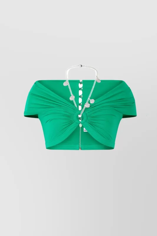 Chain-detail gathered crop top off-shoulder sold by Renaisa