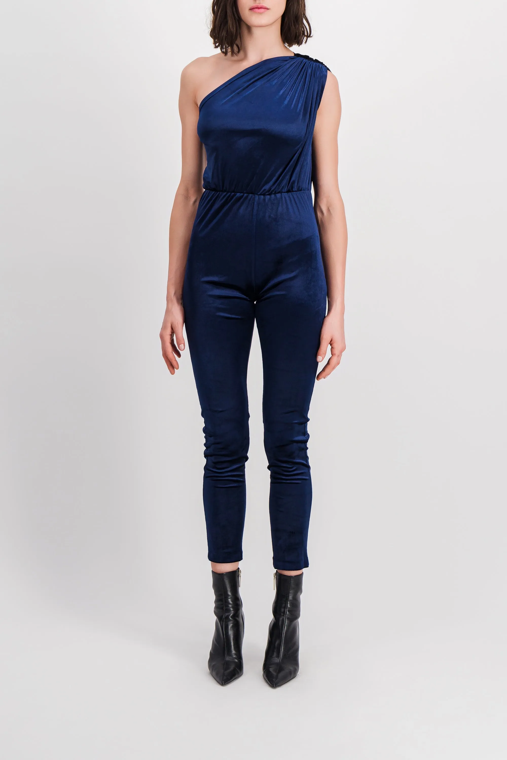 One shoulder bodycon velvet catsuit sold by Renaisa
