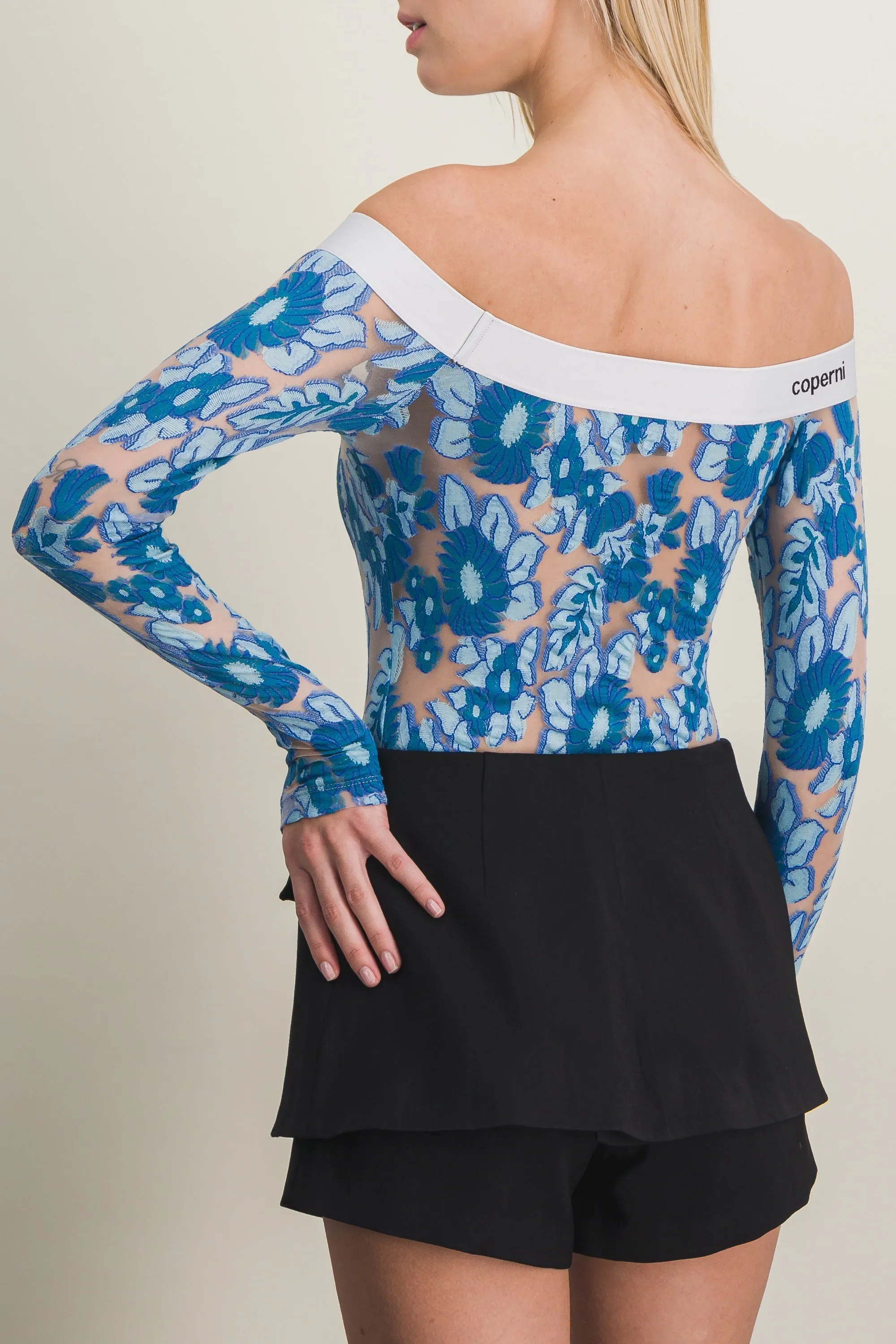 Off-the-shoulders jersey stretch bodysuit with Devereaux flower all over sold by Renaisa product image thumbnail 3