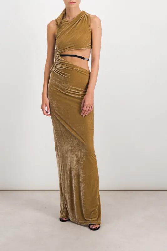 Cut out draped velvet maxi dress sold by Renaisa