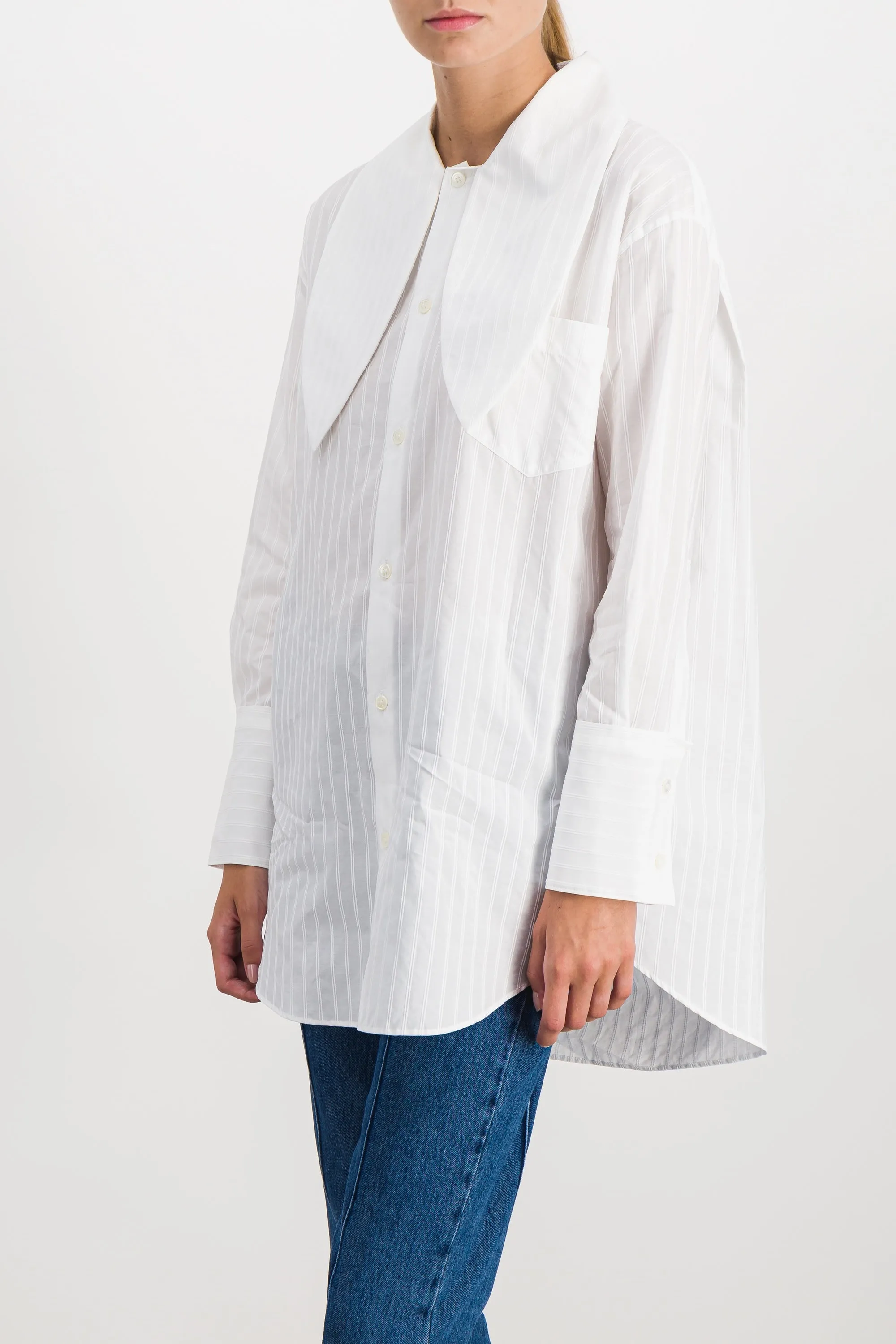 Fine striped long shirt with tie collar sold by Renaisa