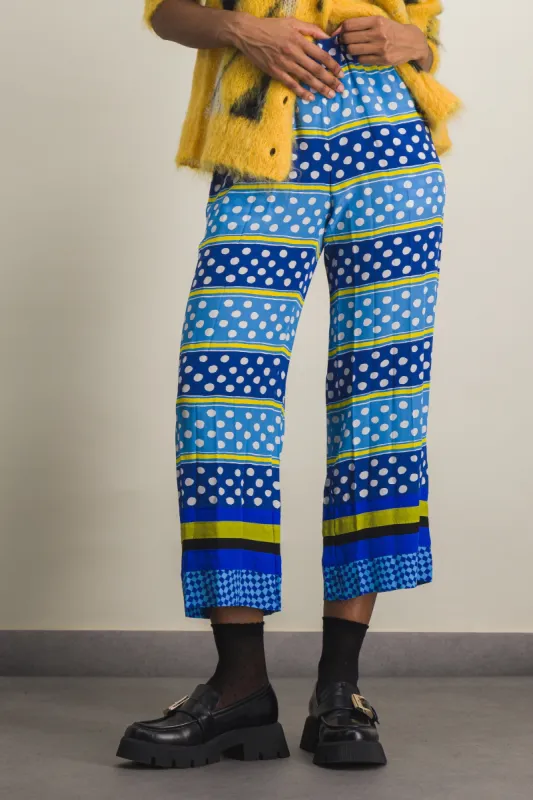 Cropped straight leg silk pyjama pant with dots & stripes sold by Renaisa