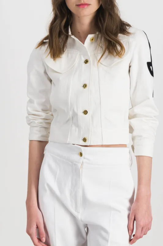 Embroidered logo eco denim jacket sold by Renaisa