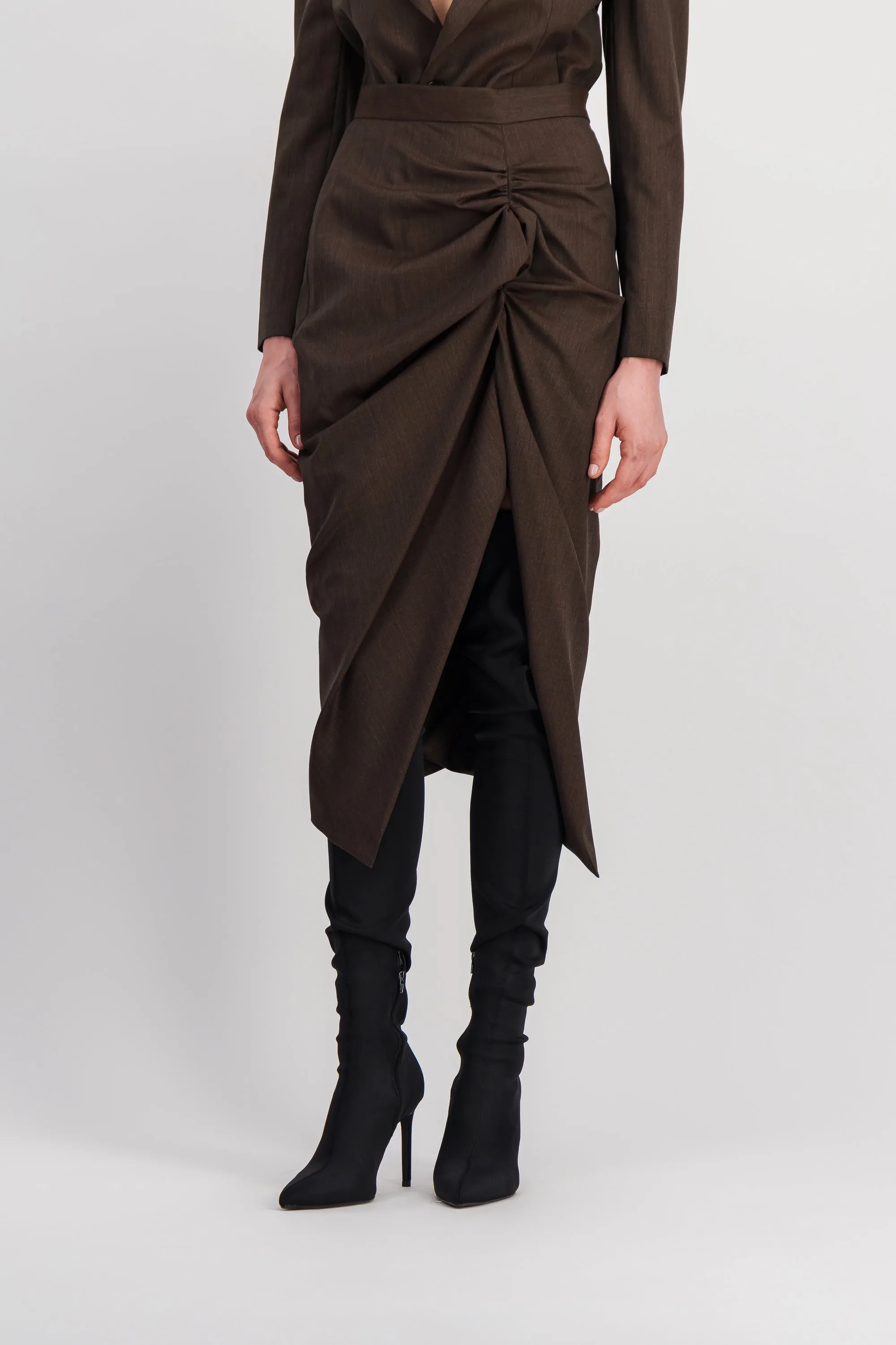 Draped pencil skirt with front slit sold by Renaisa