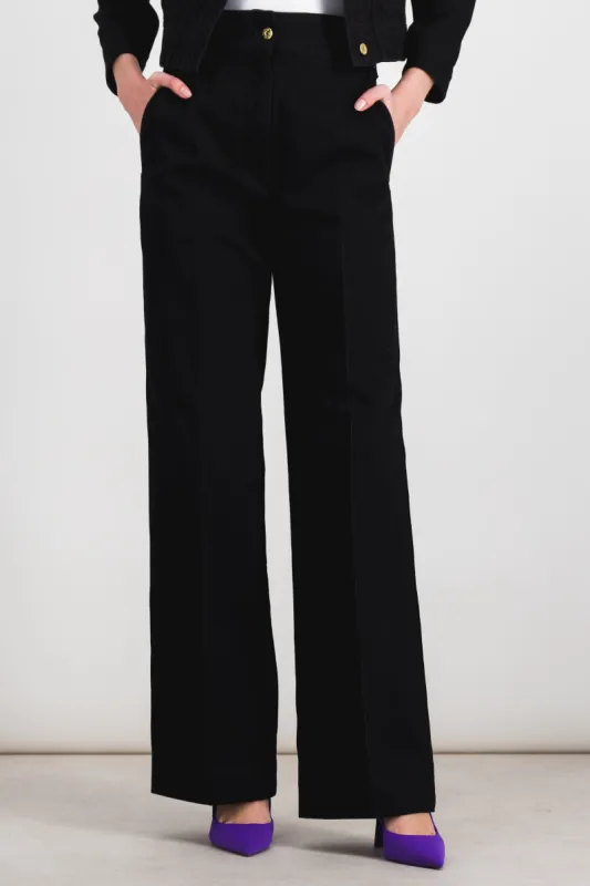 Organic denim straight leg black pants sold by Renaisa