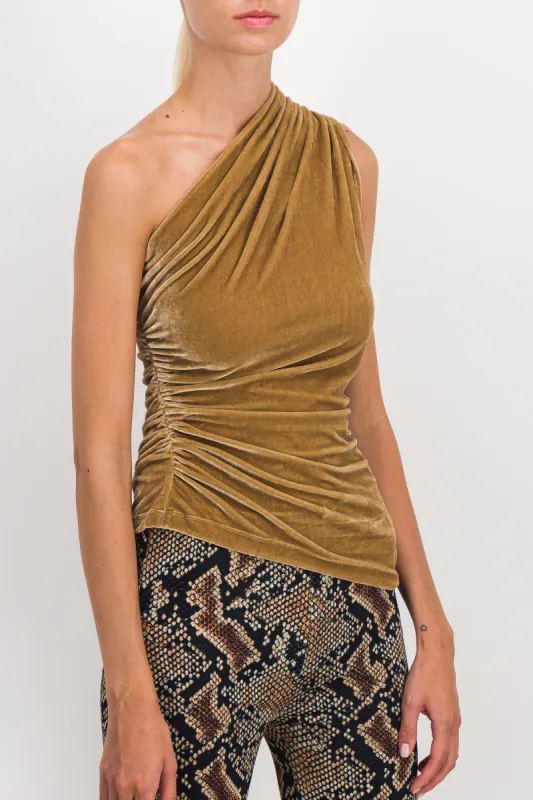 One shoulder draped sleeveless velvet top sold by Renaisa