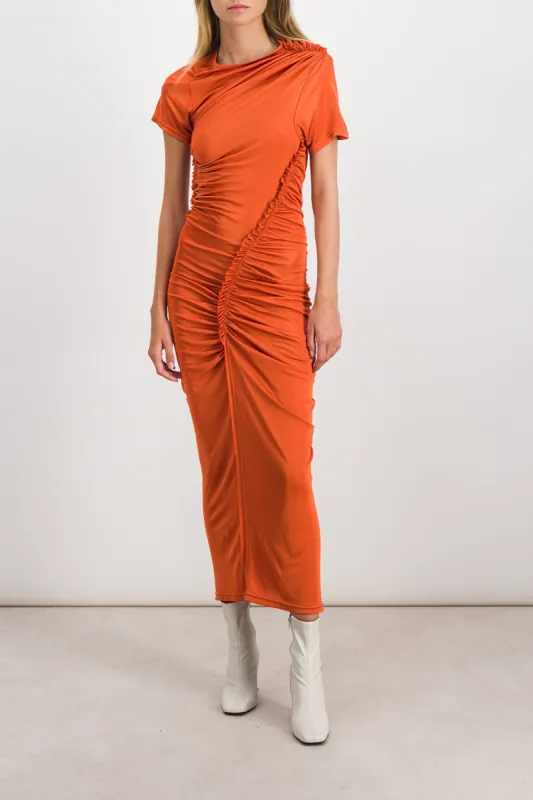 Twisted and draped shiny maxi dress sold by Renaisa
