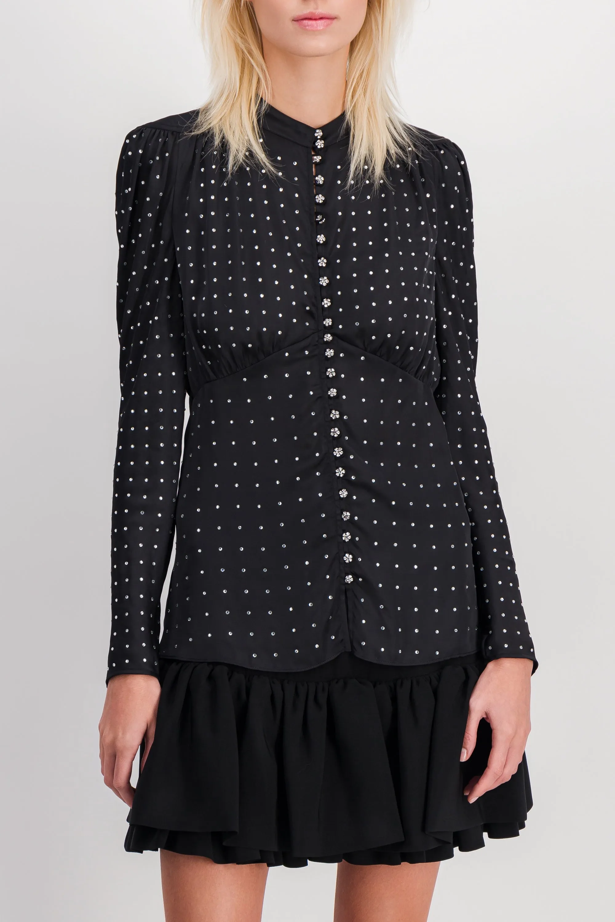 Light satin blouse with cristaux and cristal buttons sold by Renaisa