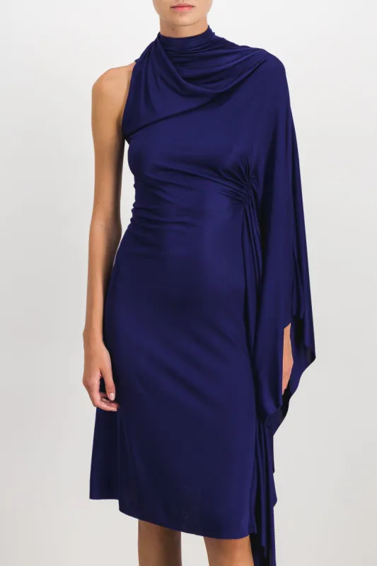 Shiny one sleeve draped midi dress sold by Renaisa