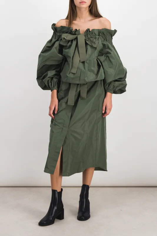 Khaki gros grain long-sleeved blouse sold by Renaisa