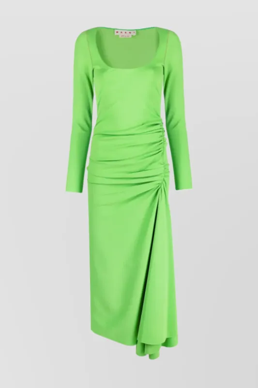 Asymmetric draped long sleeve midi dress sold by Renaisa