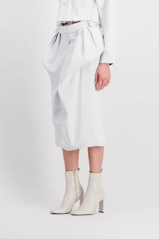 Draped white denim pencil skirt sold by Renaisa