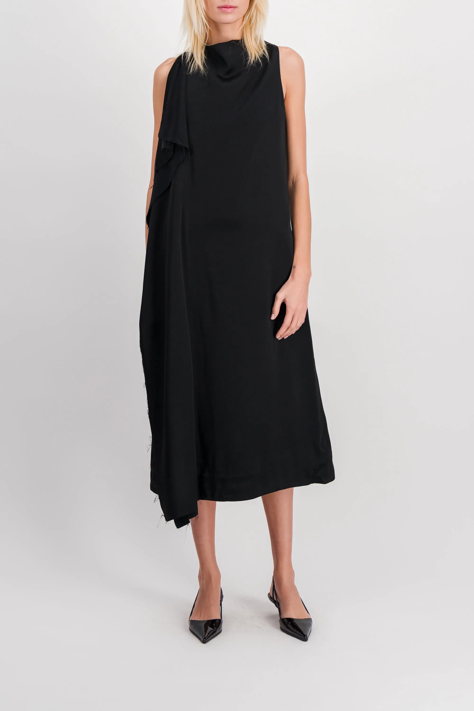Crêpe satin midi dress with front pleat sold by Renaisa