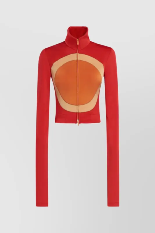 Fitted fluid jersey high neck jacket sold by Renaisa